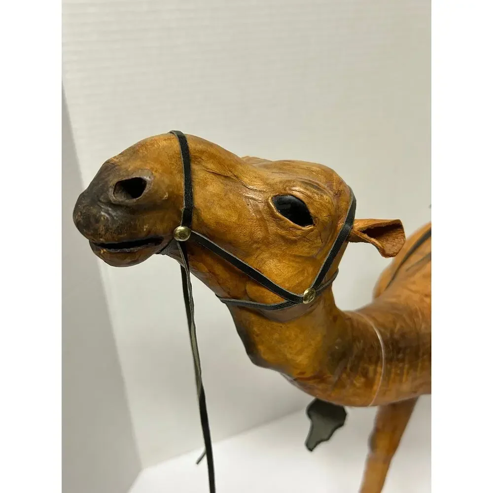 Vintage Leather Wrapped Dromedary Camel W/Saddle and Bridle Standing Glass Eyes